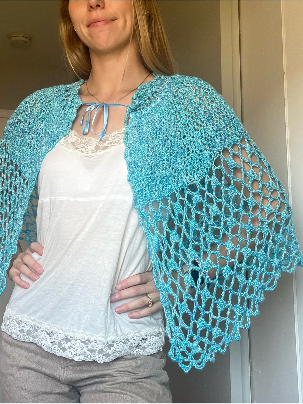Light Blue Crochet Openwork Women's Shrug Sweater Shawl